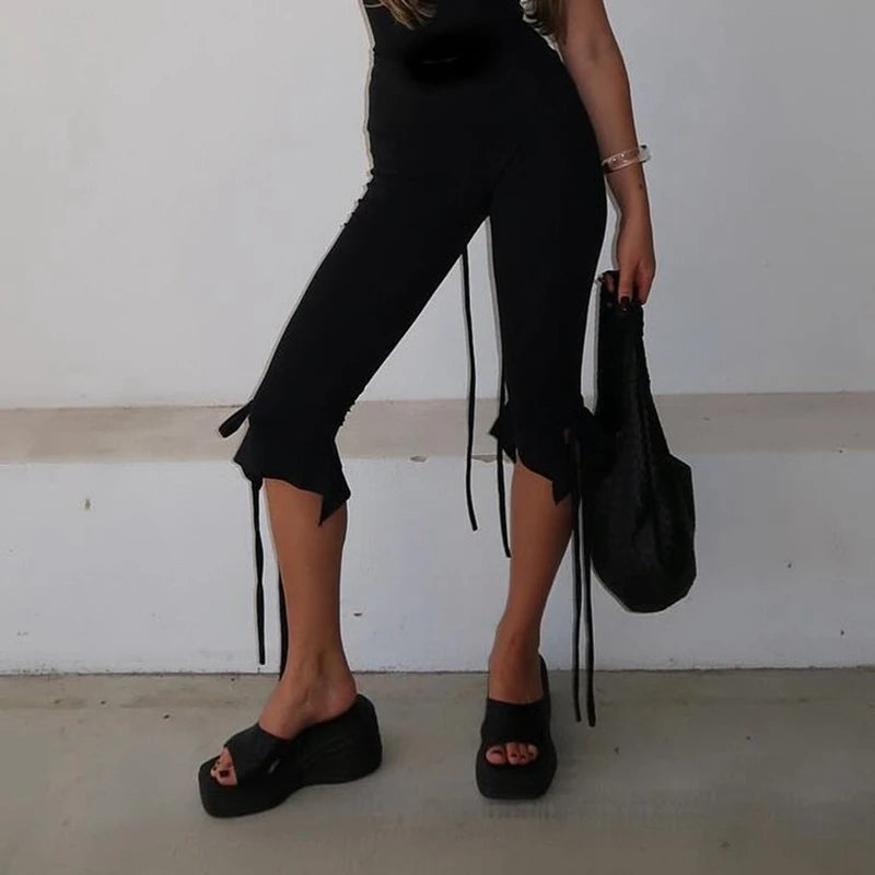 Vintage Tie-up Ruffles Hem Short Pants Y2k Knee Length Capri Trousers Women Folds Low Waist Skinny Pants Fashion High Street Badiee Stylez