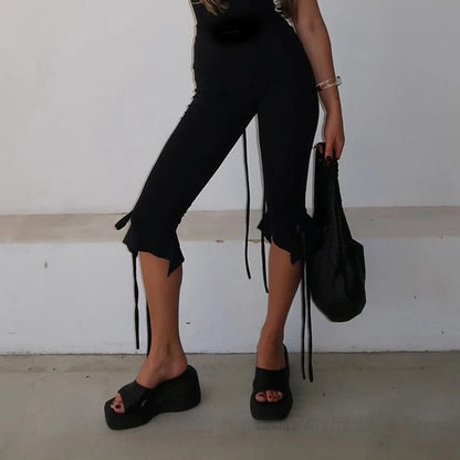 Vintage Tie-up Ruffles Hem Short Pants Y2k Knee Length Capri Trousers Women Folds Low Waist Skinny Pants Fashion High Street Badiee Stylez