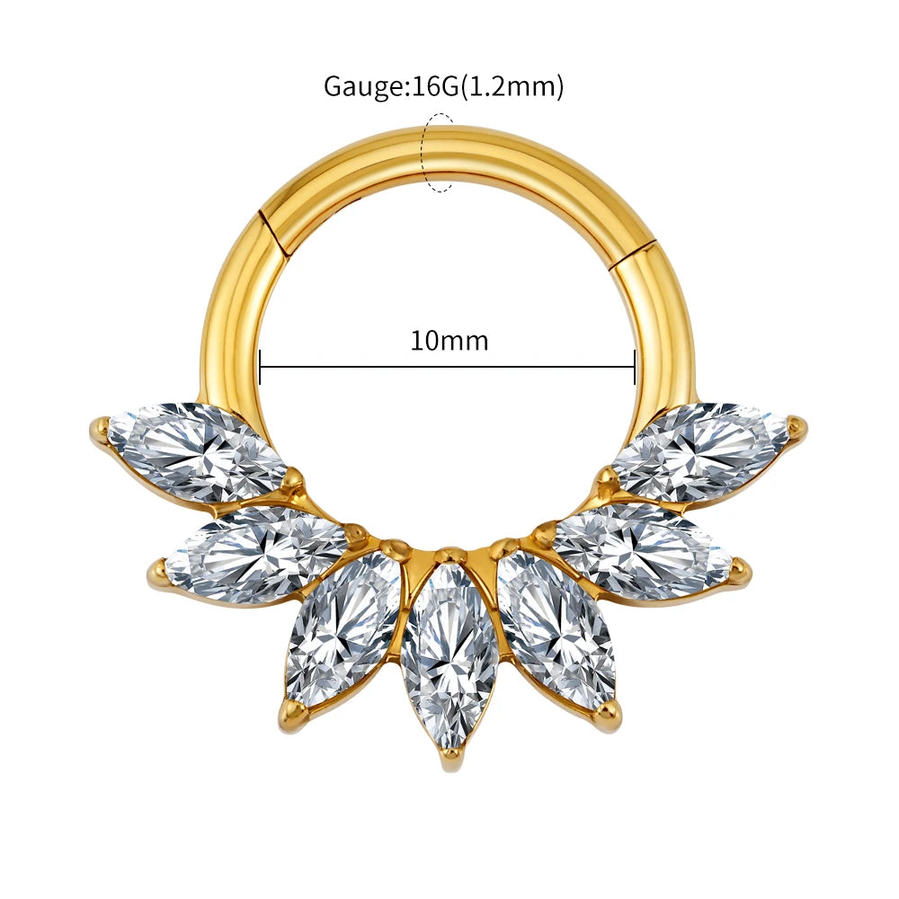 Right Grand 16G Marquise CZ Hinged Segment Hoop Nose Ring ASTM F136 Titanium Septum Piercing Cartilage Daith Hoop Earring Gold 1.2x10mm