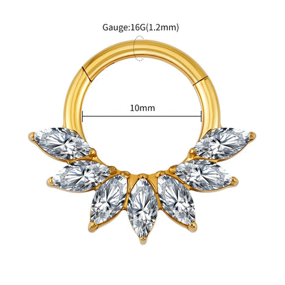 Right Grand 16G Marquise CZ Hinged Segment Hoop Nose Ring ASTM F136 Titanium Septum Piercing Cartilage Daith Hoop Earring Gold 1.2x10mm