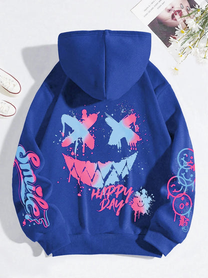 Colorful Facial Expressions Hoodie Women Happy Day Hoodies Warm Fleece Woman Hoody Fur-liner Pullover Casual Clothing Blue