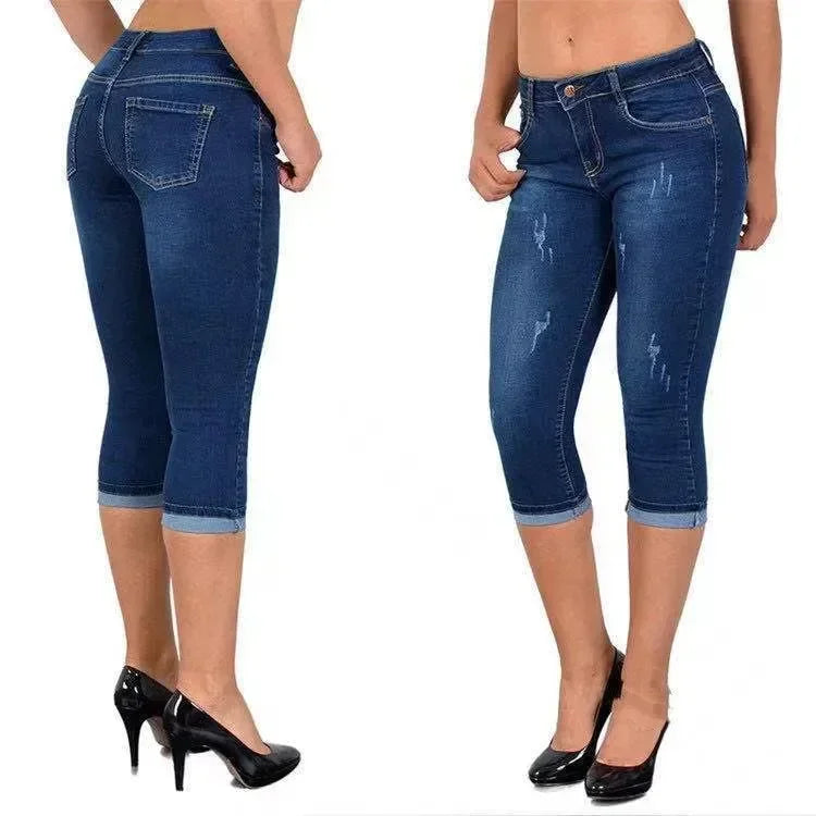 2025 Women's Summer Skinny Denim Pants Jeans Mid Waist Stretch Capri Pants Knee Length Trousers Black Blue Ladies Pencil Pants Dark blue