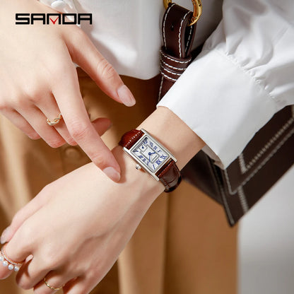 SANDA 1116 Quartz Watch Women Elegant Design Rectangle Dial Watches Waterproof Pointer Leather Business Ladies Wristwatches
