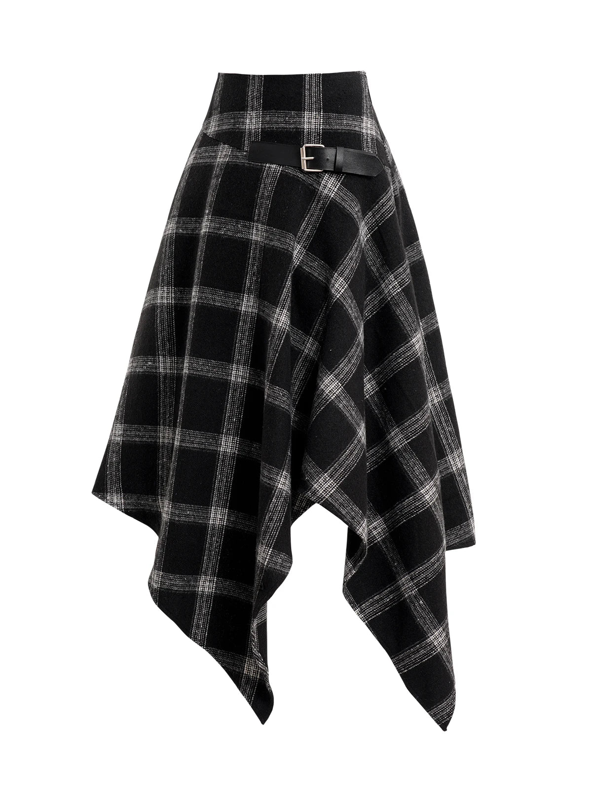 Dressfo Womens Asymmetic Hem Plaid Skirt Buckle Strap Detail Casual Midi A Line Dress Black Skirts 2024 New