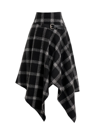 Dressfo Womens Asymmetic Hem Plaid Skirt Buckle Strap Detail Casual Midi A Line Dress Black Skirts 2024 New