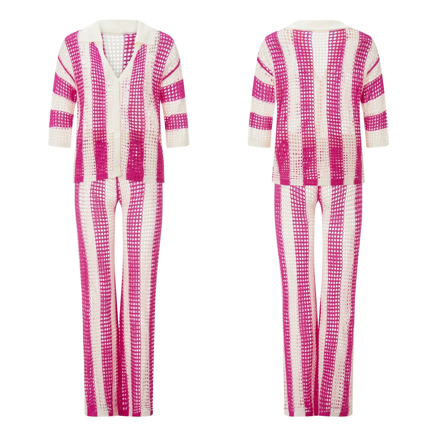 Women With Summer V-neck Button Top & Wide Leg Pants Suits Spring Crochet Hollow Knitted Set Woman 2 Pieces Striped Print