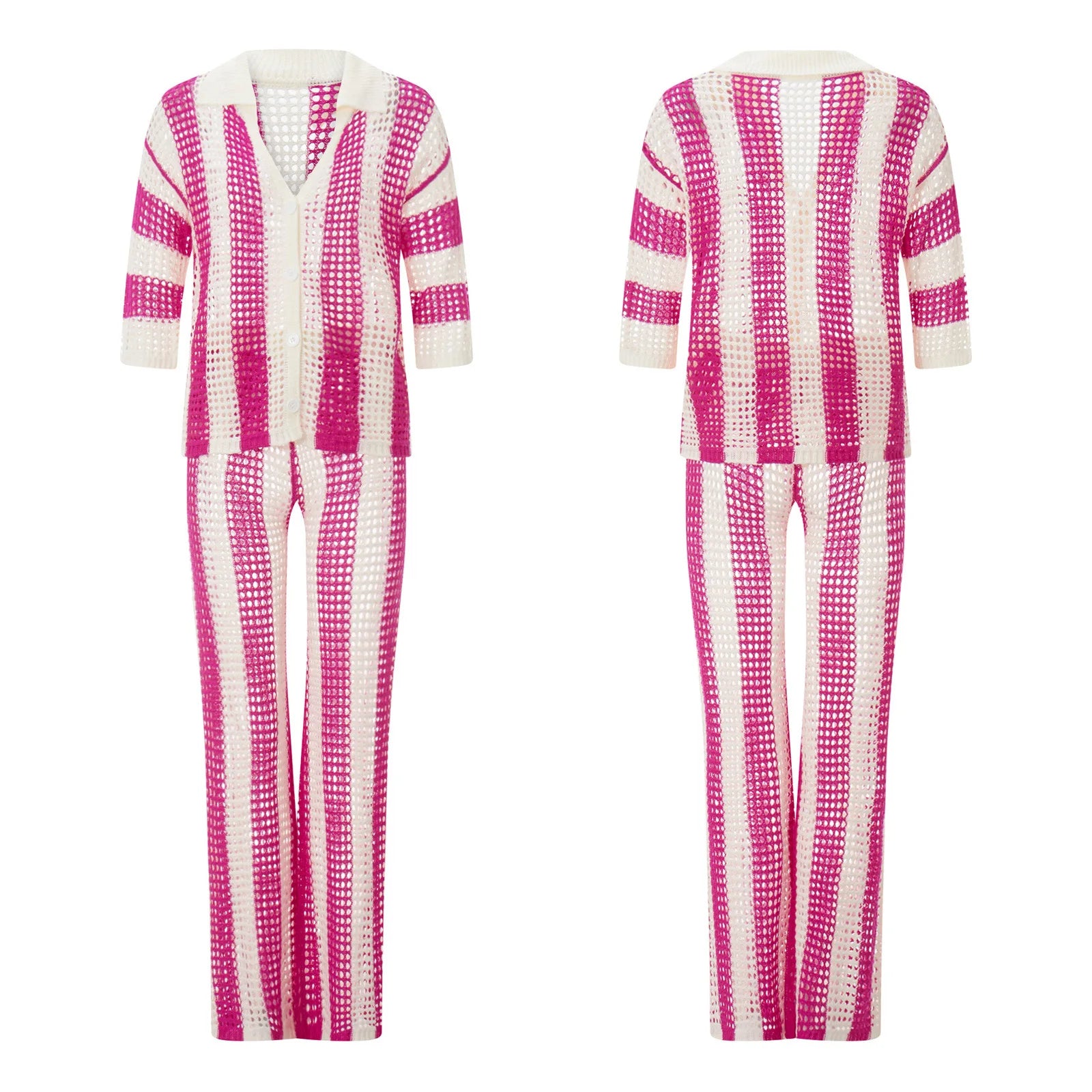 Women With Summer V-neck Button Top & Wide Leg Pants Suits Spring Crochet Hollow Knitted Set Woman 2 Pieces Striped Print