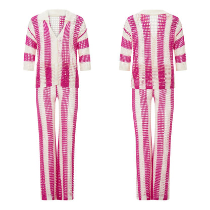 Women With Summer V-neck Button Top & Wide Leg Pants Suits Spring Crochet Hollow Knitted Set Woman 2 Pieces Striped Print