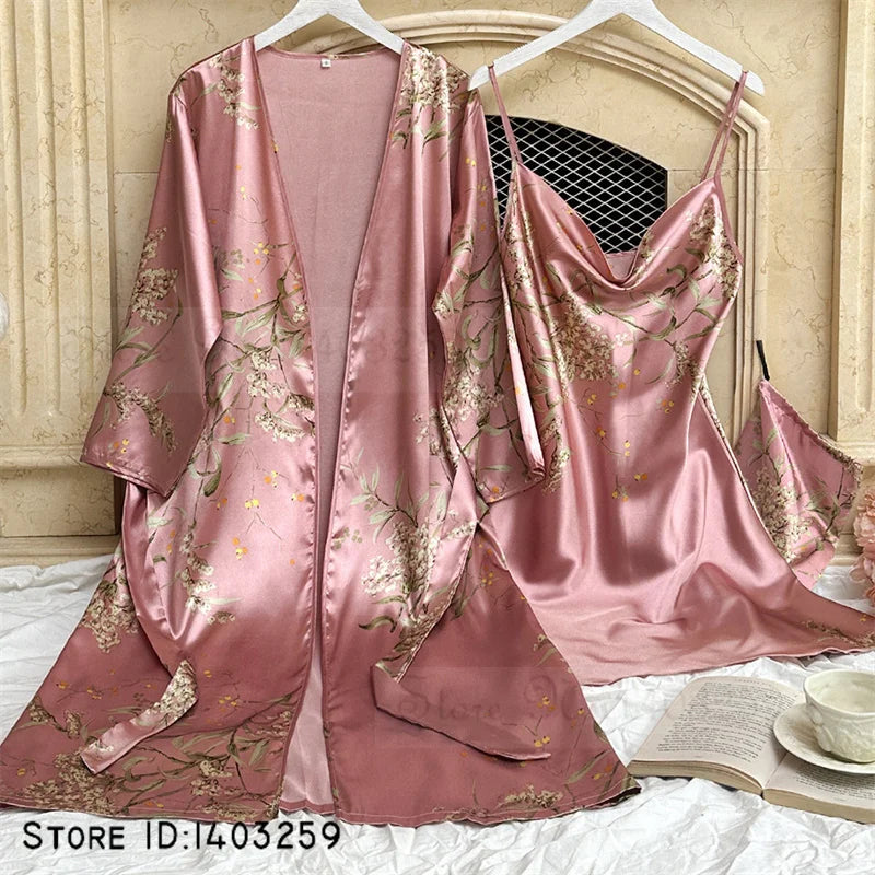 Four Pieces Pajamas Set Printed Little Cherry Sleepwear Women Satin Nightgown With Suspender Sling&Shorts Summer Home Clothes Pink Cherry B