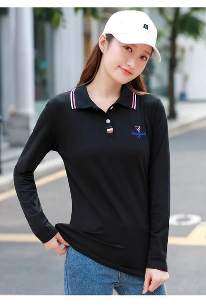 European Station Polo Neck Long sleeved T-shirt Women's Summer New High end Luxury Pure Cotton Loose Fashion Casual Large Top