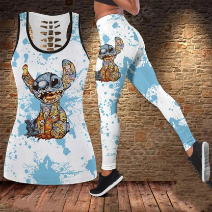 2024 Disney Stitch Women's Hollow Tanktop Yoga Set Summer Fitness Leggings Tracksuit Disney Cutout Tank Top Leggings Set 3