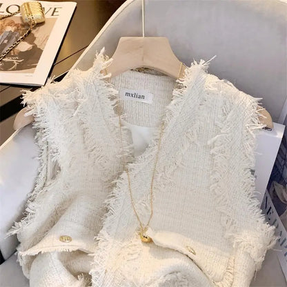 Chalecos Mujer French Fragrant Style Sleeveless Short Coat Black Tassel Vest Women Vintage Crop Top Colete Waistcoat  2024