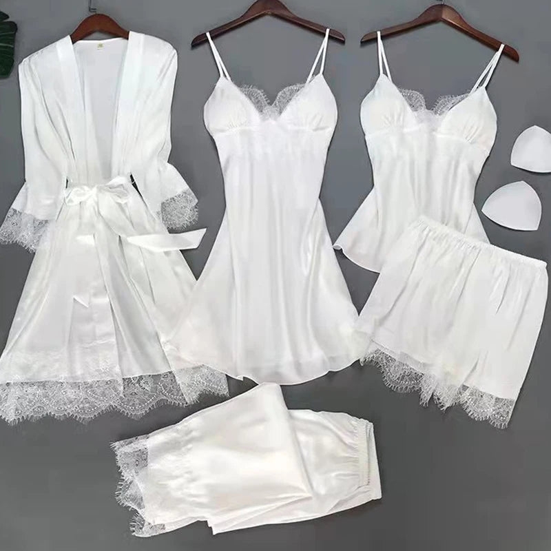 White 5PCS Sleep Set Pajamas Lady Lace Satin Pyjamas Kimono Bath Gown Loose Sleepwear Home Cloting V-Neck Casual Nightwear White A