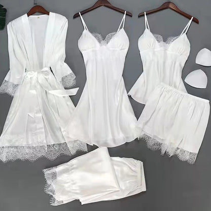 White 5PCS Sleep Set Pajamas Lady Lace Satin Pyjamas Kimono Bath Gown Loose Sleepwear Home Cloting V-Neck Casual Nightwear White A