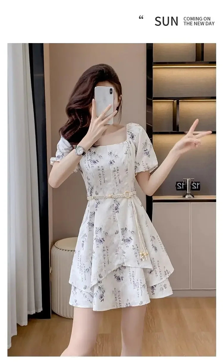 Square Neck Short-sleeved Women 2025 Summer New Chinese Puff Short-sleeved Retro Waist-hugging A-line Dress