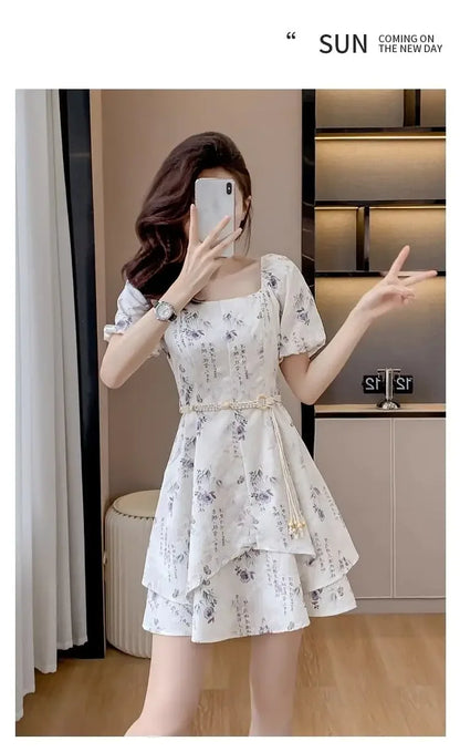Square Neck Short-sleeved Women 2025 Summer New Chinese Puff Short-sleeved Retro Waist-hugging A-line Dress