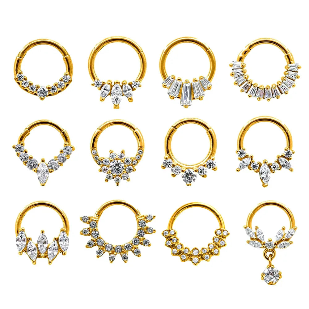 Flower CZ Zircon Septum Piercing Heart Gem Segment Nose Ring WaterDrop Daith Conch Clicker Hoop Earring 100% 316L Surgical Steel
