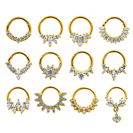 Flower CZ Zircon Septum Piercing Heart Gem Segment Nose Ring WaterDrop Daith Conch Clicker Hoop Earring 100% 316L Surgical Steel