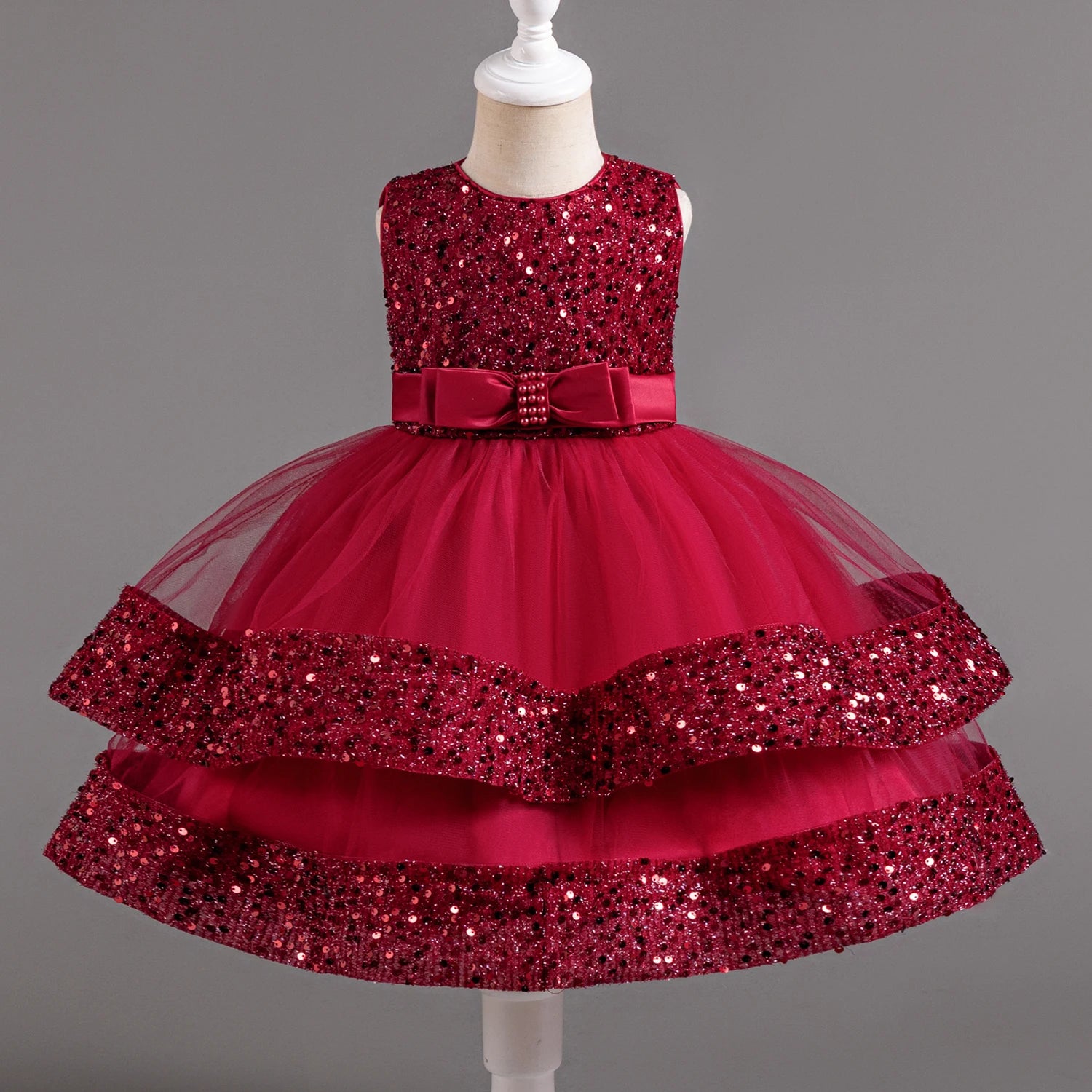 Fancy 12M Baby Sequins Tutu Gown Girl Sequin Bow 1st Birthday Princess Dress Flower Girl Costume for Wedding Party Summer Cloth Red 03