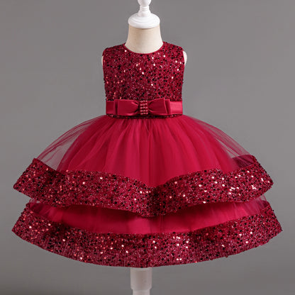 Fancy 12M Baby Sequins Tutu Gown Girl Sequin Bow 1st Birthday Princess Dress Flower Girl Costume for Wedding Party Summer Cloth Red 03