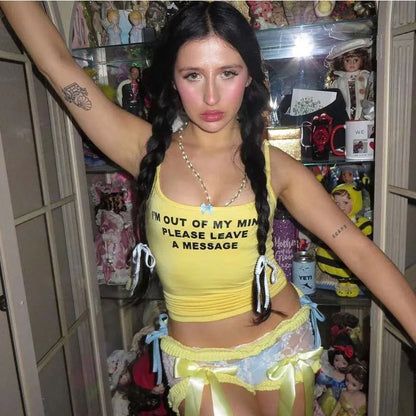 omen T-shirt Square Collar Strap Bow Slim Versatile Vest Hottie Casual Outfit Y2K Streetwear