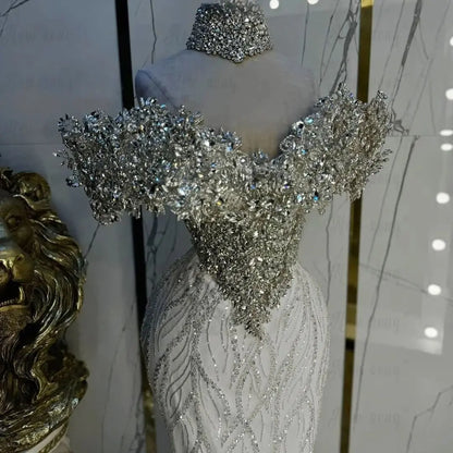 White Long Evening Dress 2025 Luxury Silver Beaded Lace Wedding Party Gowns Dubai Second Reception Dress Bridal Gowns Customized Badiee Stylez