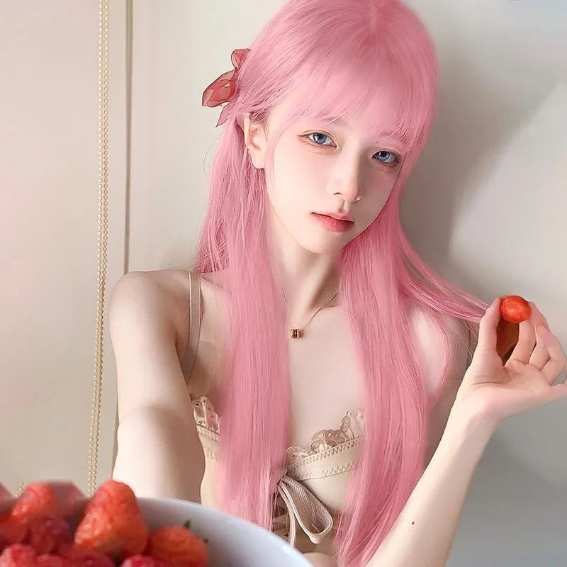 Pink Long Straight Synthetic Wig Air Fringe White Woman Daily Cosplay Party Heat Resistant Full Headgear For Halloween