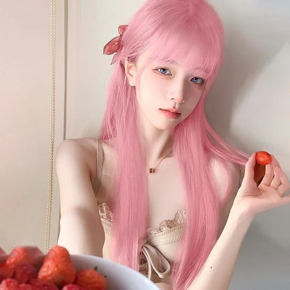 Pink Long Straight Synthetic Wig Air Fringe White Woman Daily Cosplay Party Heat Resistant Full Headgear For Halloween