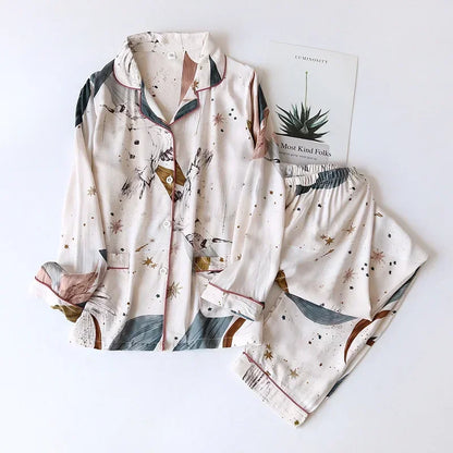 Spring and autumn ladies cute cartoon floral viscose fiber pajamas two-piece long-sleeved home service cotton summer thin shorts 003