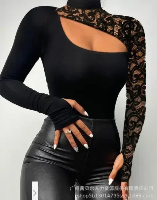 Contrast Lace Long Sleeve Cold Shoulder Bodysuit Women Top Romper Solid Color Fashion Sexy Slim Skinny Bodysuits LZS4142M-bk
