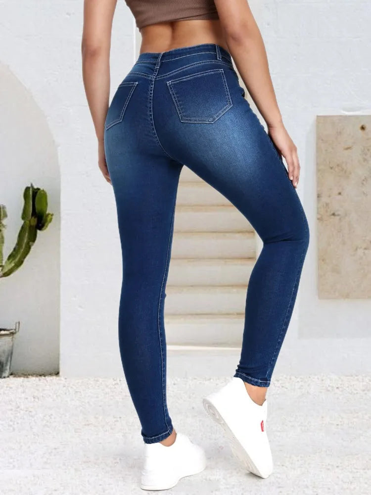 Blue fashionable cat whisker elastic tight fitting small leg jeans