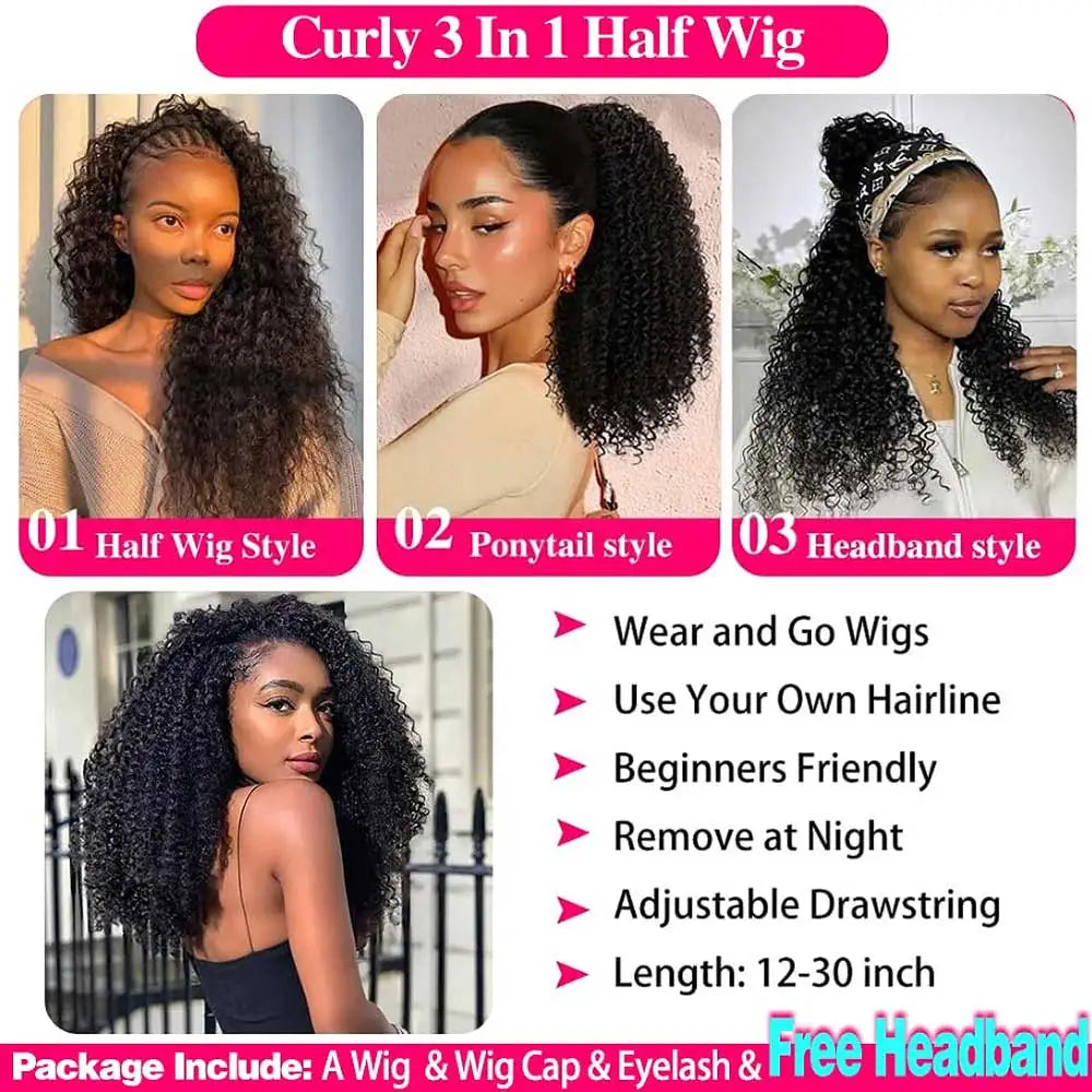 Half Wigs Human Hair Kinky Curly 3 In 1 Human Hair Wig Seamless Flip Over Half Wig Beginner Friendly Curly Wigs for Women Badiee Stylez