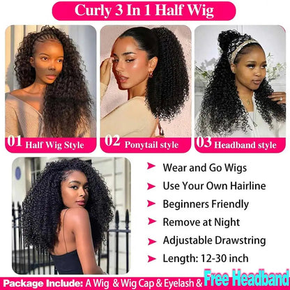 Half Wigs Human Hair Kinky Curly 3 In 1 Human Hair Wig Seamless Flip Over Half Wig Beginner Friendly Curly Wigs for Women Badiee Stylez