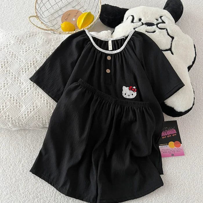 Summer New Cloud Cotton round Ne Button Sweet Cartoon Spwear Two-Piece Set Lightweight Comfortable Student Home Clothes Black kt cat