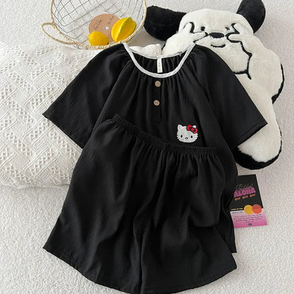 Summer New Cloud Cotton round Ne Button Sweet Cartoon Spwear Two-Piece Set Lightweight Comfortable Student Home Clothes Black kt cat