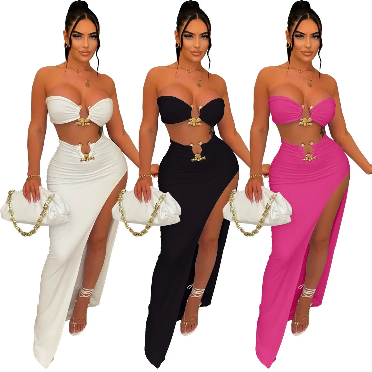 New Chic Gold Ring Bandeau Slit Skirt Two-Piece Set Womens Beautiful Off Shoulder Matching Skirt Set Nightclub Outfits Badiee Stylez