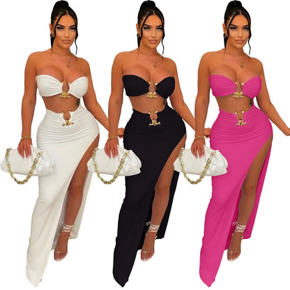New Chic Gold Ring Bandeau Slit Skirt Two-Piece Set Womens Beautiful Off Shoulder Matching Skirt Set Nightclub Outfits Badiee Stylez