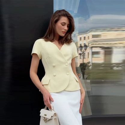 Elegant Short Sleeve Women's Top 2025 Summer Fashion V-neck Button Slim Office Lady Commuting Tops Street Solid Female Shirt yellow