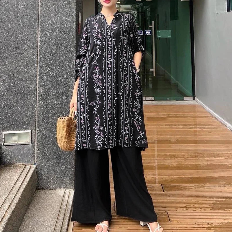 2025 ZANZEA Fashion Autumn Long Shirt Pant Suits Women Outfts 2 Piece Sets Long Sleeve Printed Tops Trousers Casual Tracksuits Badiee Stylez