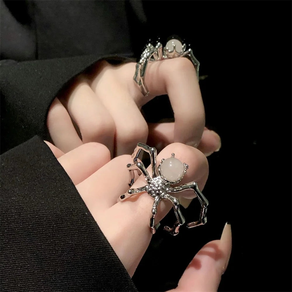 Punk Dark Spider Open Ring Retro Moonstone Black Ring For Women New Gothic Jewelry Dropshipping Wholesale Gift Badiee Stylez