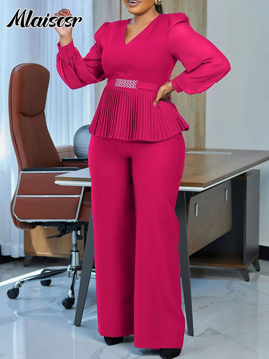 Mlaiscsr Elegant Long Sleeve V-neck Pleated Belt Top and Wide Leg Pant Matching 2 Piece Sets African Women Office Lady Outfits rose red sets