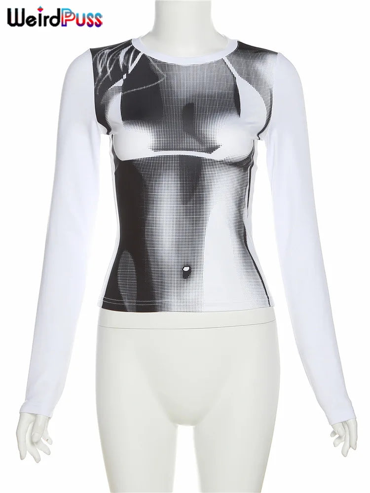 Weird Puss Sexy Print Women Crop Top Long Sleeve O Neck 2023 SpringTrend Skinny Wild Stretchy Vintage Midnight Streetwear Tees