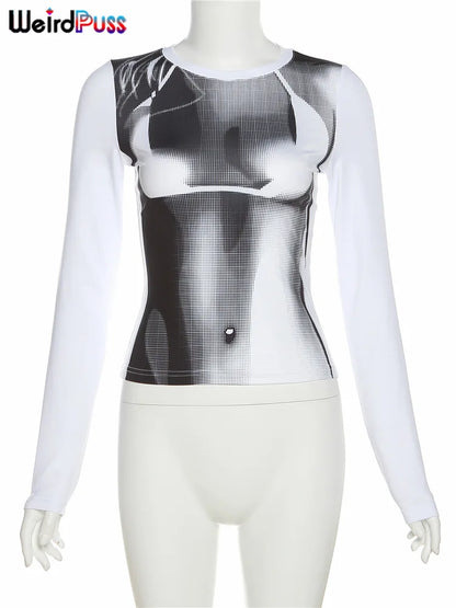 Weird Puss Sexy Print Women Crop Top Long Sleeve O Neck 2023 SpringTrend Skinny Wild Stretchy Vintage Midnight Streetwear Tees