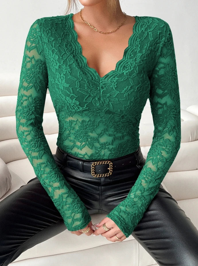 Blouse for Women Slim Deep V Neck T-Shirt 2025 Sexy Scallop Trim Lace Patchwork Glitter Flower Embroidery See-Through Shirt H