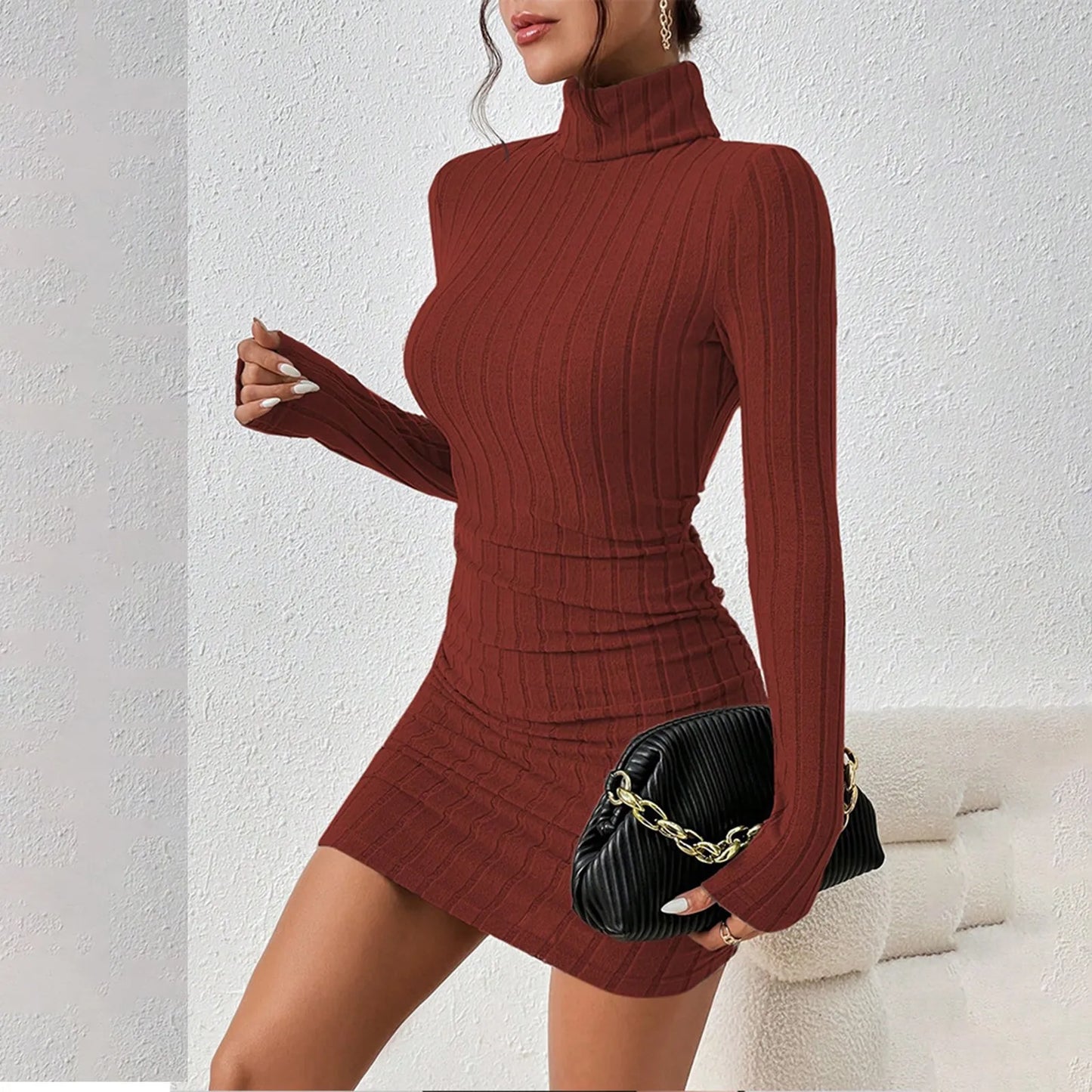 Knitted Bottoming Dress Women Elegant Party Autumn Winter Turtleneck Long Sleeves Sexy Sheath Mini Dresses Bodycon Club Dress Badiee Stylez