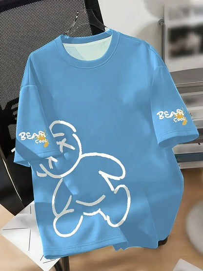 Summer men's round neck breathable T-shirt with cartoon bear print pattern suitable for daily and weekend gifting to friends