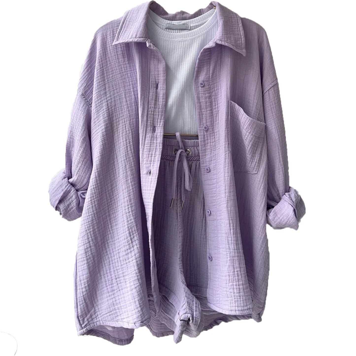 Short Sets Women Tracksuit Single Breasted Cardigan Blouses Two Pieces Shorts Loose Button High Street Solid Pockets Folds light purple