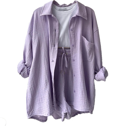 Short Sets Women Tracksuit Single Breasted Cardigan Blouses Two Pieces Shorts Loose Button High Street Solid Pockets Folds light purple