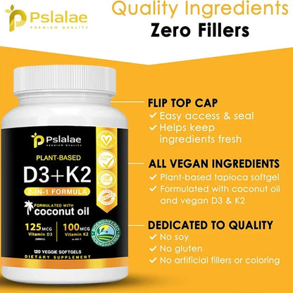 Vitamin D3+K2 Supplement 5000IU Vitamin D3 and K2 (MK-7) Capsules for Bone, Heart, Muscle, Immune Support