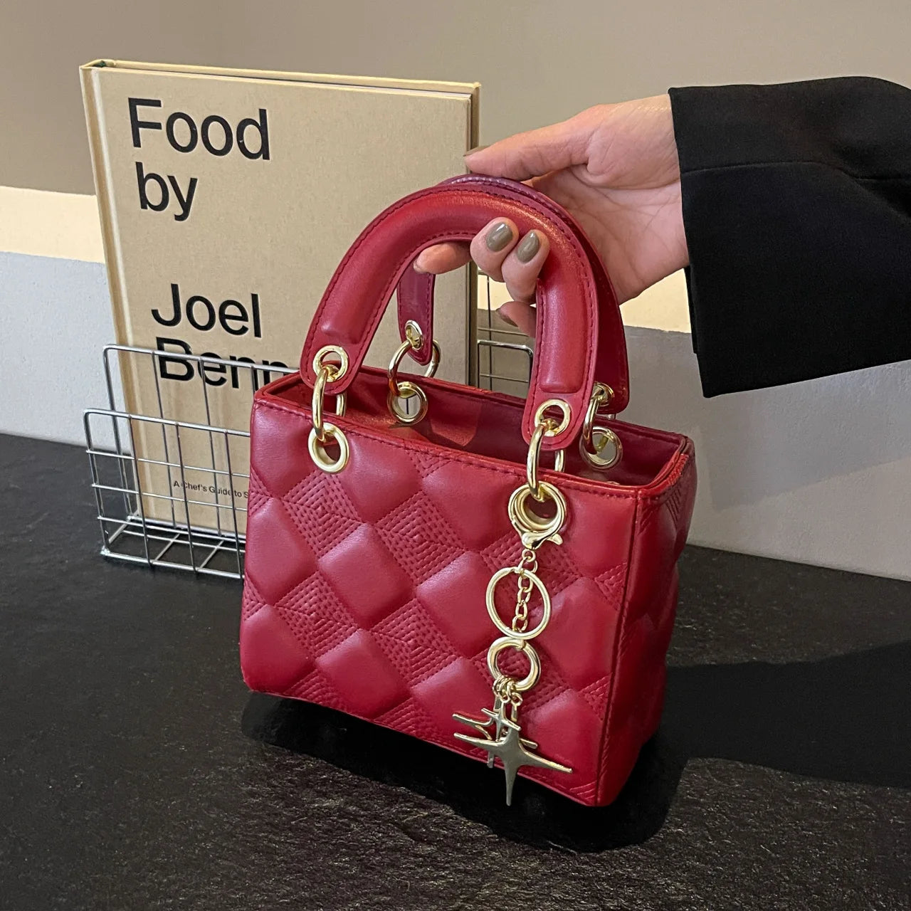 Small Top Handle Purses for Women Diamond Grid Luxury PU Leather Mini Satchel Crossbody Bag Elegant Square Bag Red